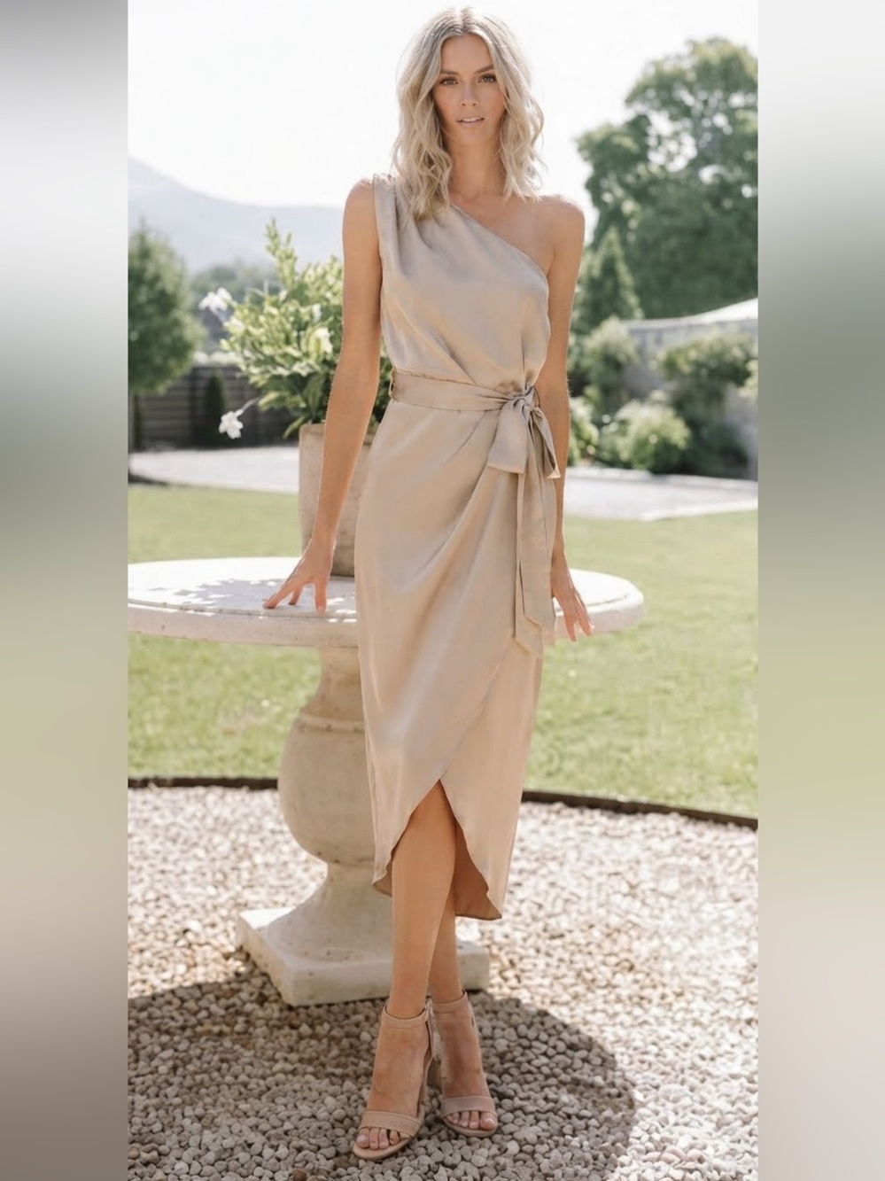 NWT Baltic Born Celia One Shoulder Champagne Satin Midi Event Dress Medium
